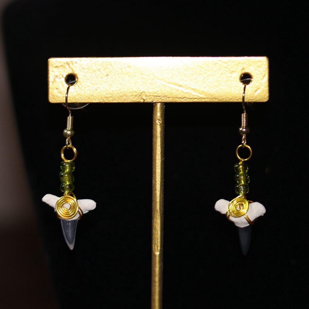 Elegant Gold and Green Shark Tooth Earrings